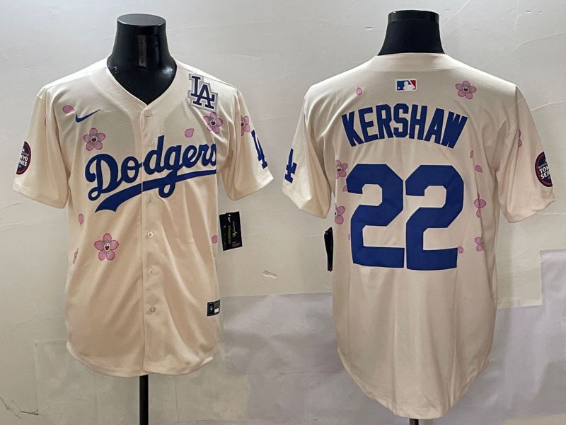 Men Los Angeles Dodgers #22 Kershaw Cream White Blue Sakura Edition 2025 Nike MLB Jersey style 7